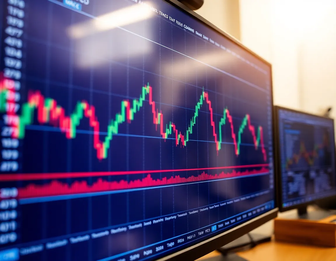 A detailed stock chart with various technical indicators like MACD and RSI displayed on a large monitor.