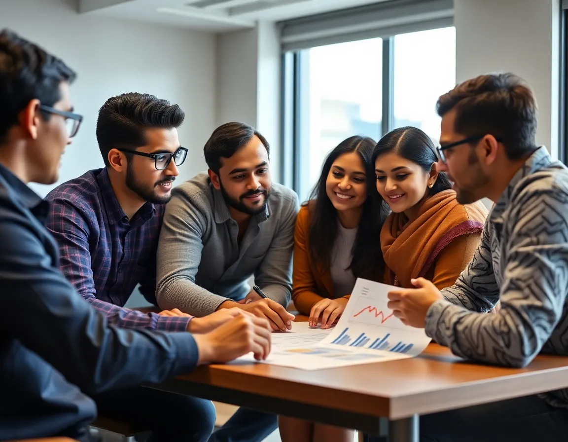 A diverse group of students collaborating in a modern classroom setting focused on financial charts.
