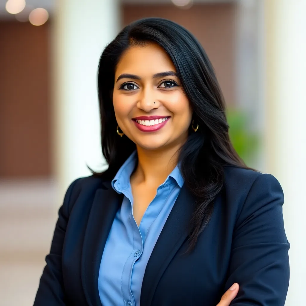 Portrait of Priya Desai, a confident investor.