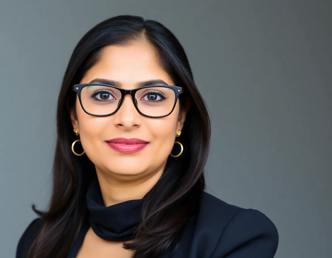 Professional headshot of Meera Patel, a sharp and intelligent woman with glasses.